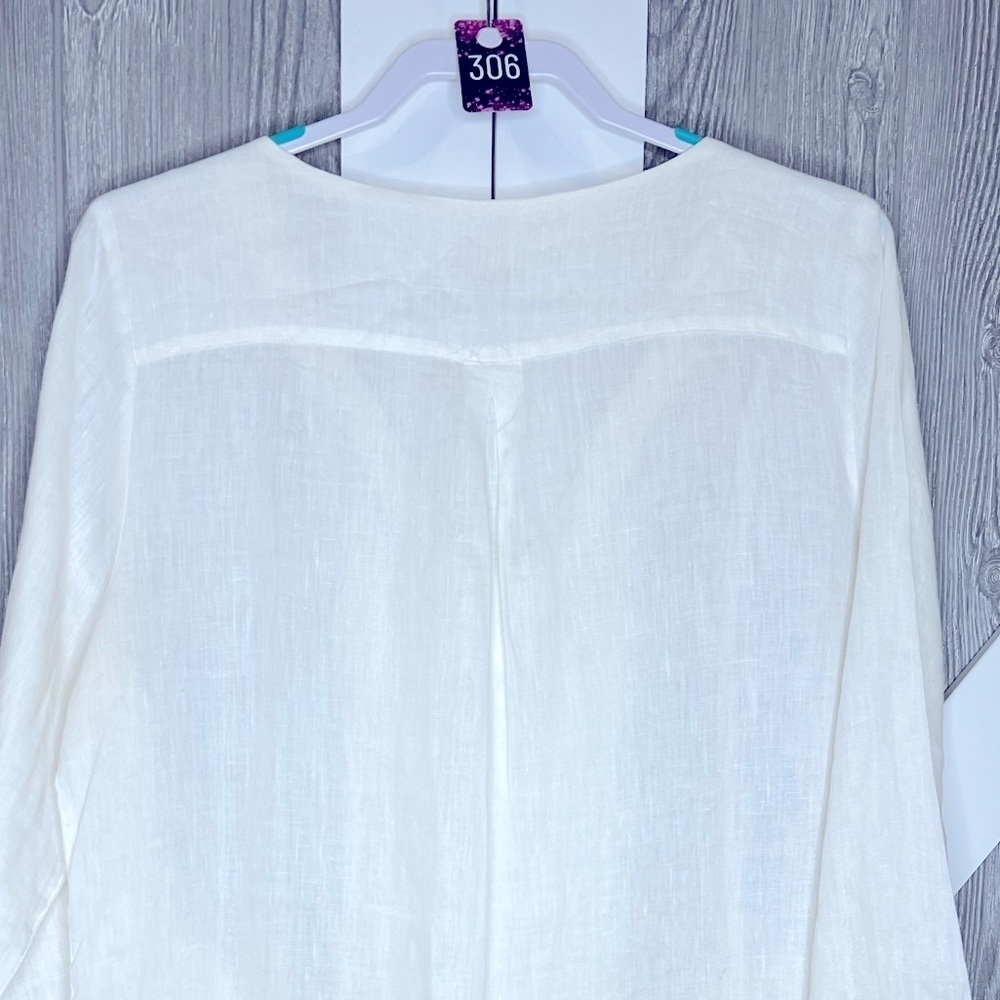 306. Cynthia Rowley Beaded V-Neck Linen Top Cream/Bronze Large - Picture 6 of 7